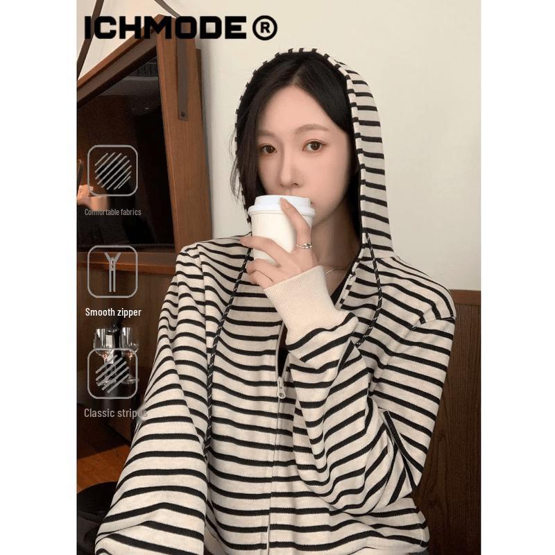 ICH MODE Color-block Striped Zip-up Hoodie S