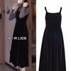 Black Sky Korean Velvet Dress Autumn and Winter French Temperament Retro Momentum Slim and Thin Inner Suspender Dress