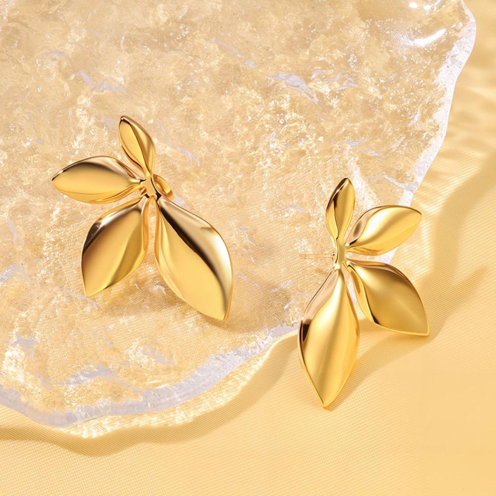 Fashion Temperament Stainless Steel Gold Color Shiny Surface Flower Petals Leaves Stud Earrings for Women Jewelry Accessory Gift