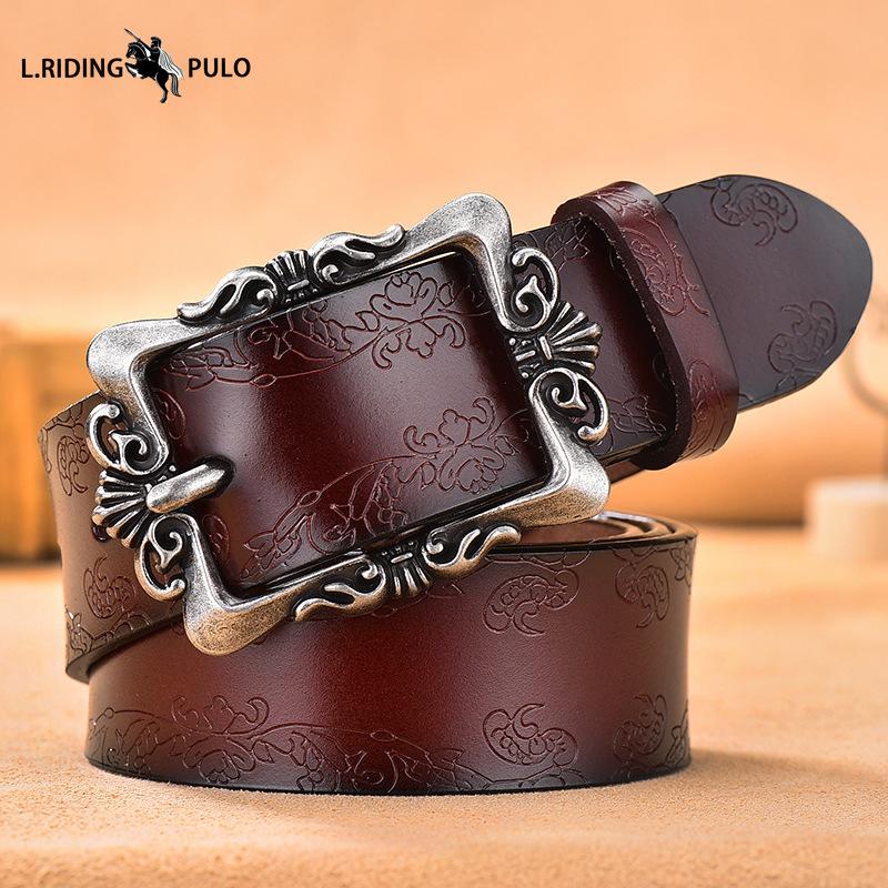 Vintage Genuine Leather Belt Ladies Pin Buckle Embossed Belt Cowhide Korean Style All-match Pants Belt