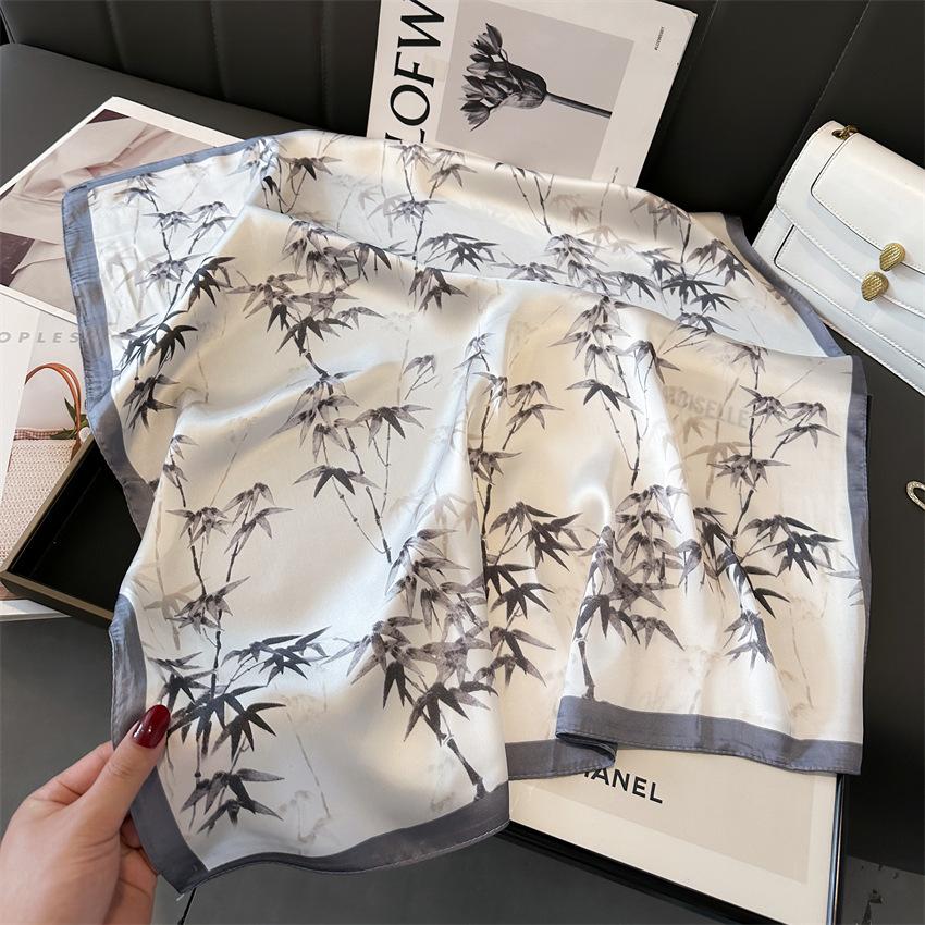 Bamboo Silk Scarf National Style Scarf Simulation Silk Small Square Scarf 70Cm Women'S Scarf Neck Protection Decorative Shawl Leaf Pattern