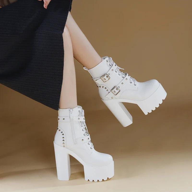 Fashion 14CM Women Chunky Ankle Boots Leather cosplay Round Toe Platform Knight Boots Shoes High Heels Black White Thick Heel Lace Up