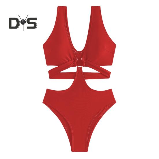 

Сексуальный цельный купальник с v-образным вырезом, без рукавов, с высокой талией, монокини с железным кольцом, повязка, сплошной цвет, быстросохнущее цельное бикини S красный
