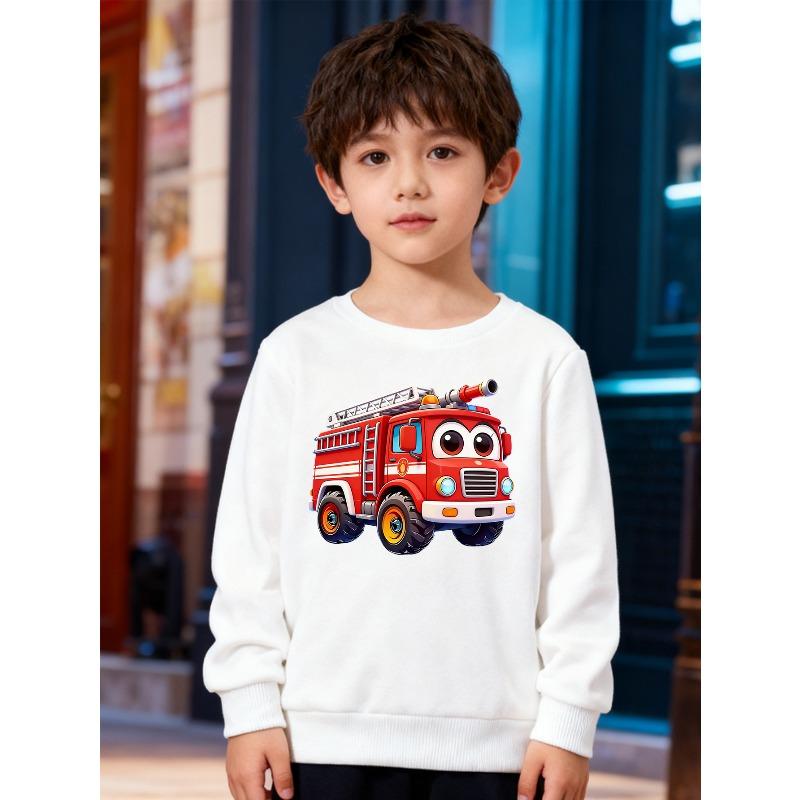 European sizes Kids' Stylish Sweatshirt, Round Neck Pullover , Featuring a Cartoon Fire Truck Print, Suitable for Casual Wear And Outdoor Activities