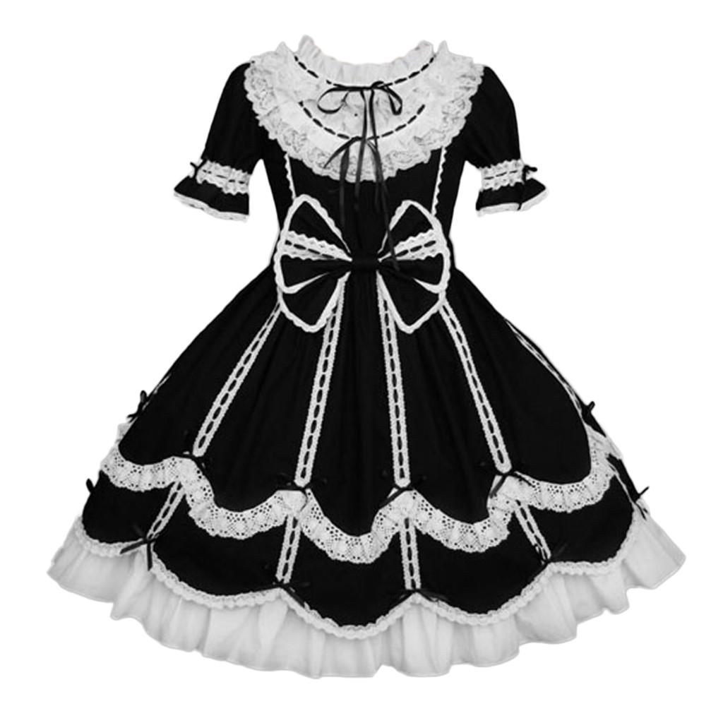 Fashion Women Vintage Gothic Bow Lace Flounce Long Sleeve Patchwork Dress