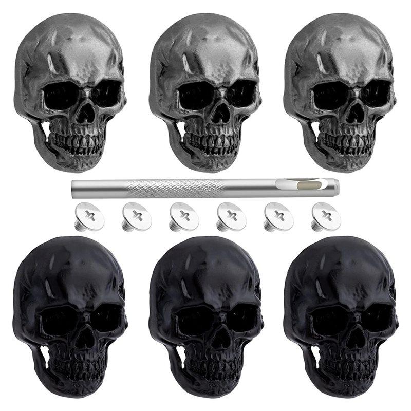 Fresh 12Pcs Skull Rivets Studs For Clothing, Gothic Style Skull Head Buttons Screws With Drilling Tool, 3D Skeleton Pins