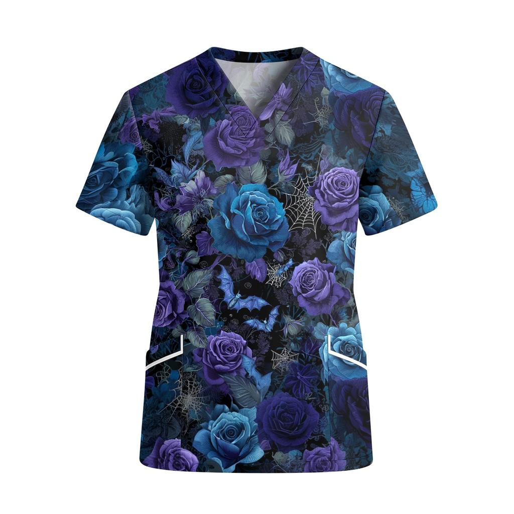 Women's V Neck Short Sleeve Work Top with Pockets Halloween Print Medical Scrub Shirt for Healthcare Professionals Comfortable Fit