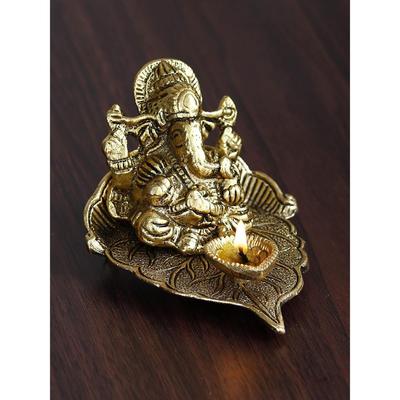 Golden Metal Handcrafted Lord Ganesha Idol with Diya On Leaf - Diya for Diwali, Ganesh Chaturthi - Diwali Diya for Puja Room