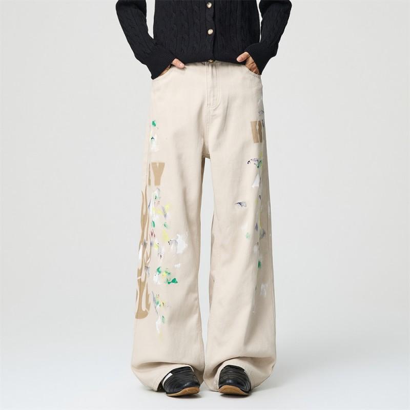 Mens Streetwear Loose Straight Leg Pants Flame Print Casual Trousers