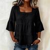 Women Square Neck Lace Trim Bell Sleeve Top Casual Tiered Smocked Solid Color Blouse