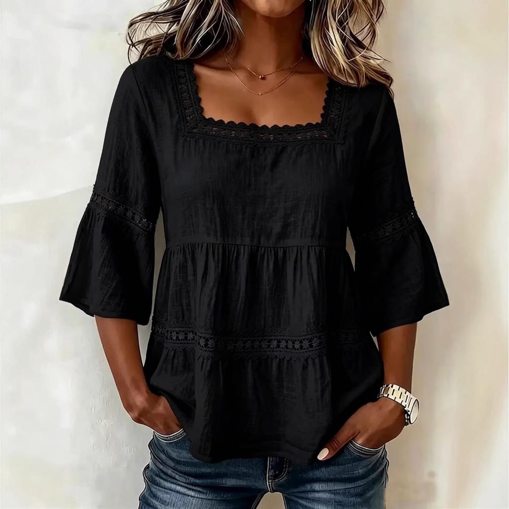 Women Square Neck Lace Trim Bell Sleeve Top Casual Tiered Smocked Solid Color Blouse