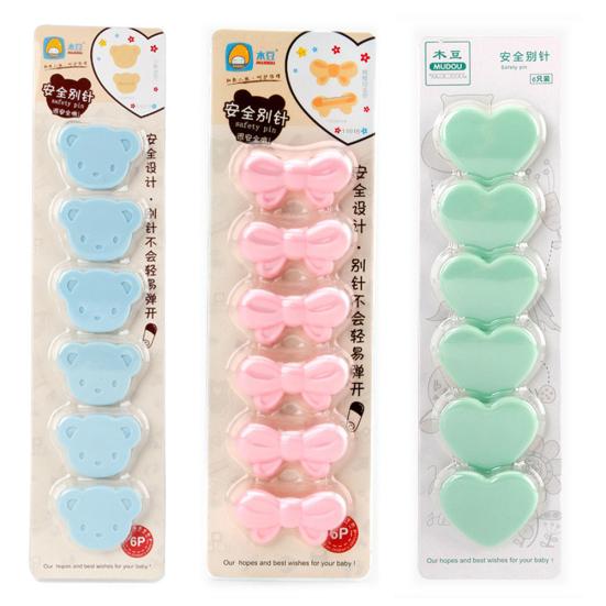 6Pcs Bear Bowknot Shape Kids Nappy Cloth Bib Safety Locking Pins Clip Holder