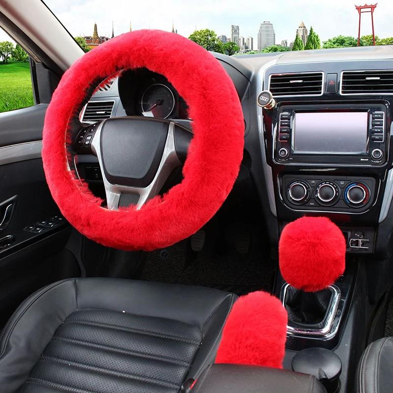 3Pcs/set Solid Soft Warm Long Wool Fuzzy Steering Wheel Cover Woolen Handbrake Car Accessory Sheep Fur Plush Protector Cover Kit