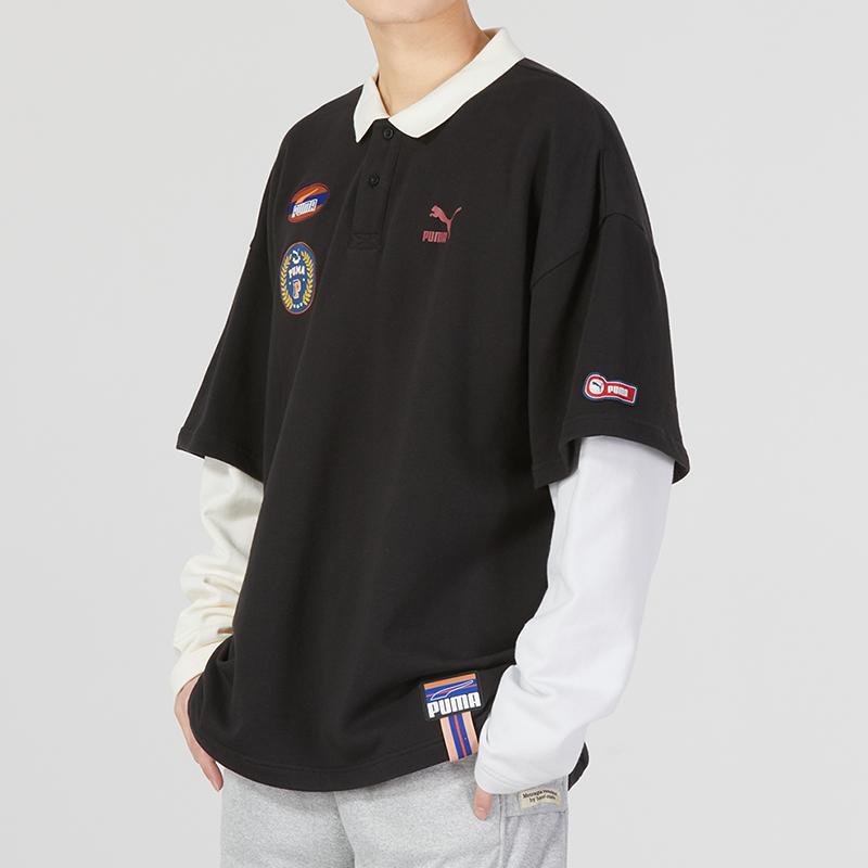 Puma Team Badge Polo Long Sleeve Logo Print Mock Layered Polo Shirt Men Tops Black 677381-01
