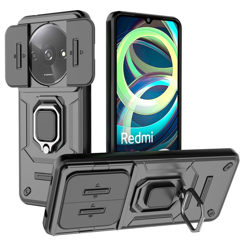 For Xiaomi Redmi A3 4G/Poco C61 4G Case with Slide Camera Cover Ring Kickstand PC+TPU Phone Shell Protector