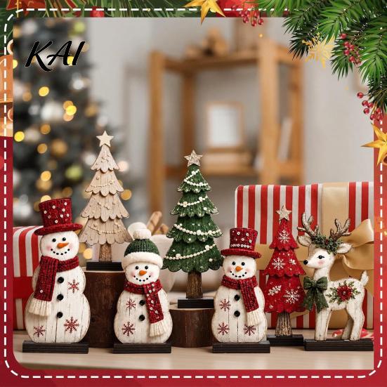 Christmas Gift for Friends 7Pcs Snowman Tree Reindeer Figurines, 2D Wooden Tiered Tray Retro Style Festive Crafts Decor, Rustic Farmhouse Tabletop