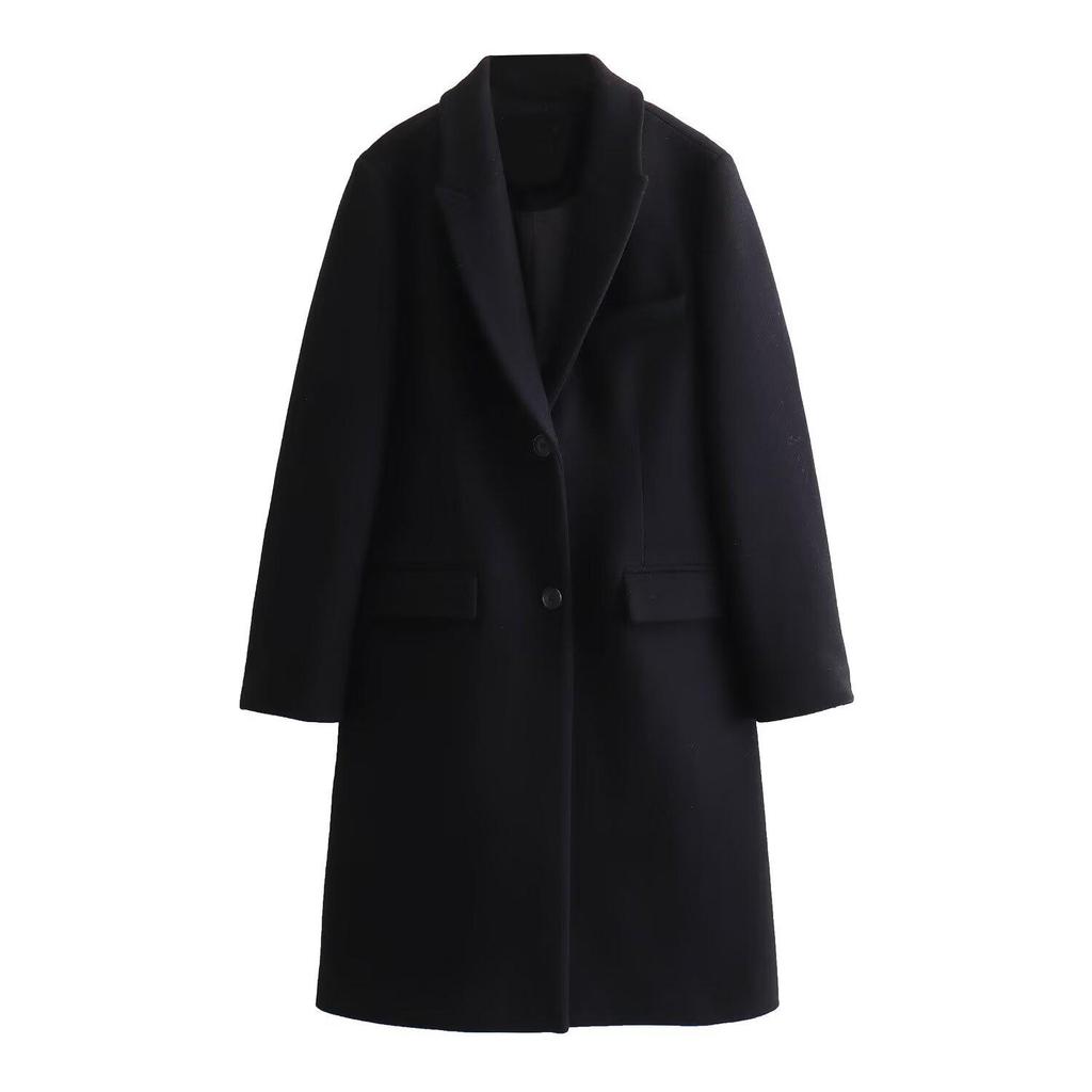 2024 European & American Women's Turn-Down Collar Long-Sleeve Button-Embellished Medium-Length Coat