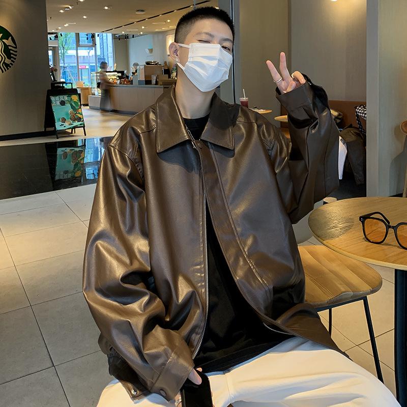 

Мужская модная осенняя мотоциклетная куртка из искусственной кожи с лацканами M коричневый