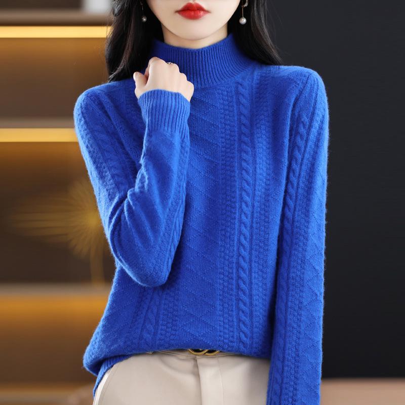 Women's Cable Knit Wool Sweater: Autumn/Winter Warm, Skin-Friendly, Half-High Collar, Seven-Needle Knit.