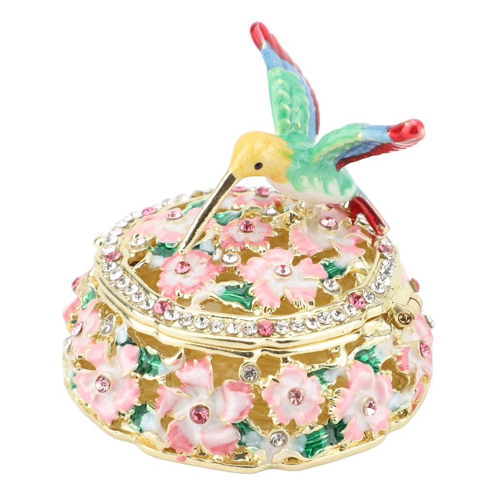 Round Hummingbird Pattern Enameled Jewelry Box Decorative Metal Trinket Box Vintage Jewelry