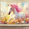 Horse Tapestry,Watercolor Wild Animal Tapestry Wall Hanging,Pink Colorful Flower Tapestry,Wall Art Home Decor For Bedroom Living