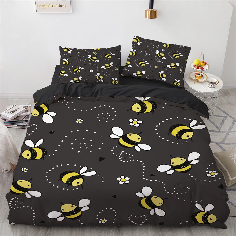 Tecknade Djur Påslakan Set Bi Björnar Kaniner Sött Mönster Täcktäck med Kuddfodral King Queen Full Storlek För Barn Flicka