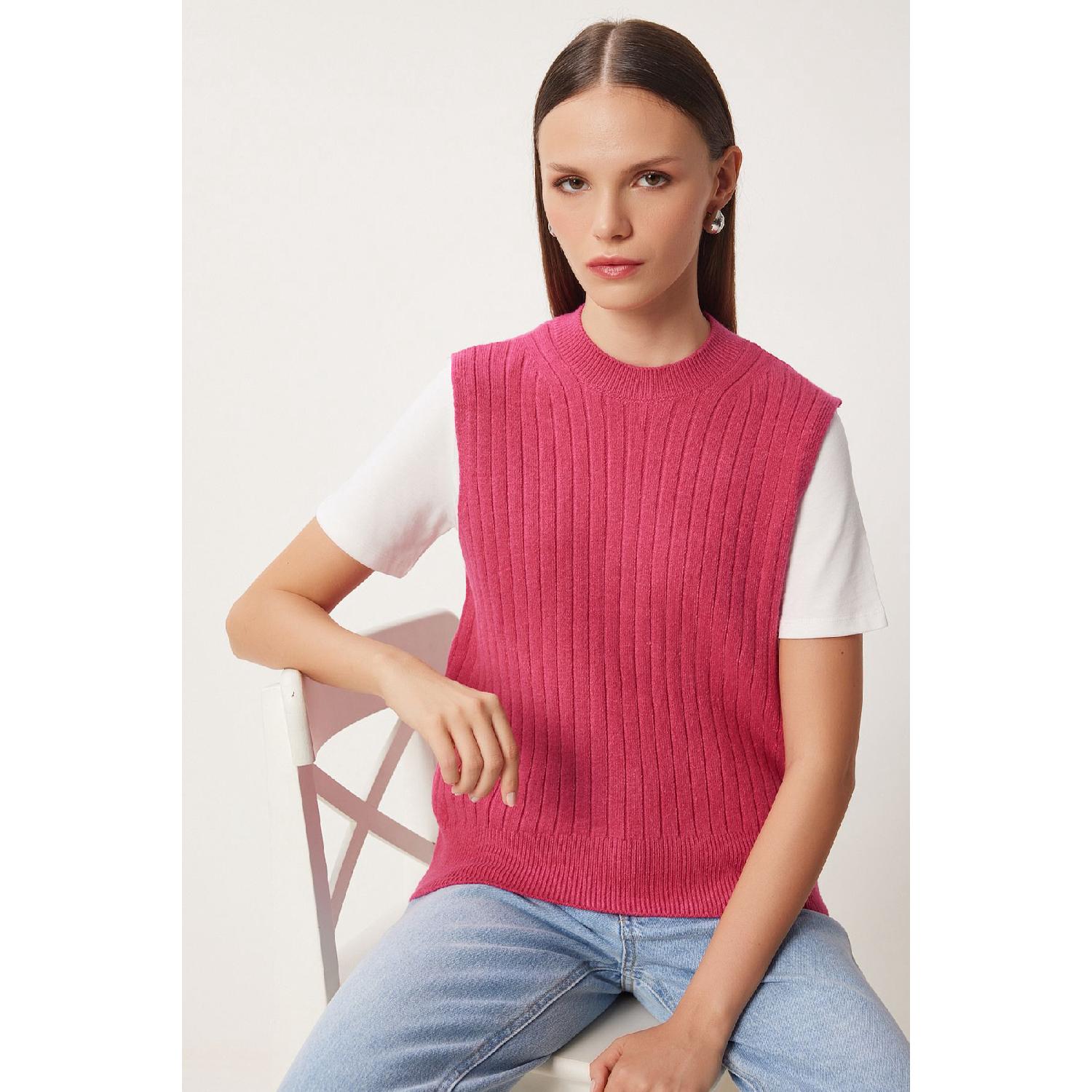 

Women s Dark Pink Crew Neck Corded Knitwear Sweater Nv00073 36 розовый