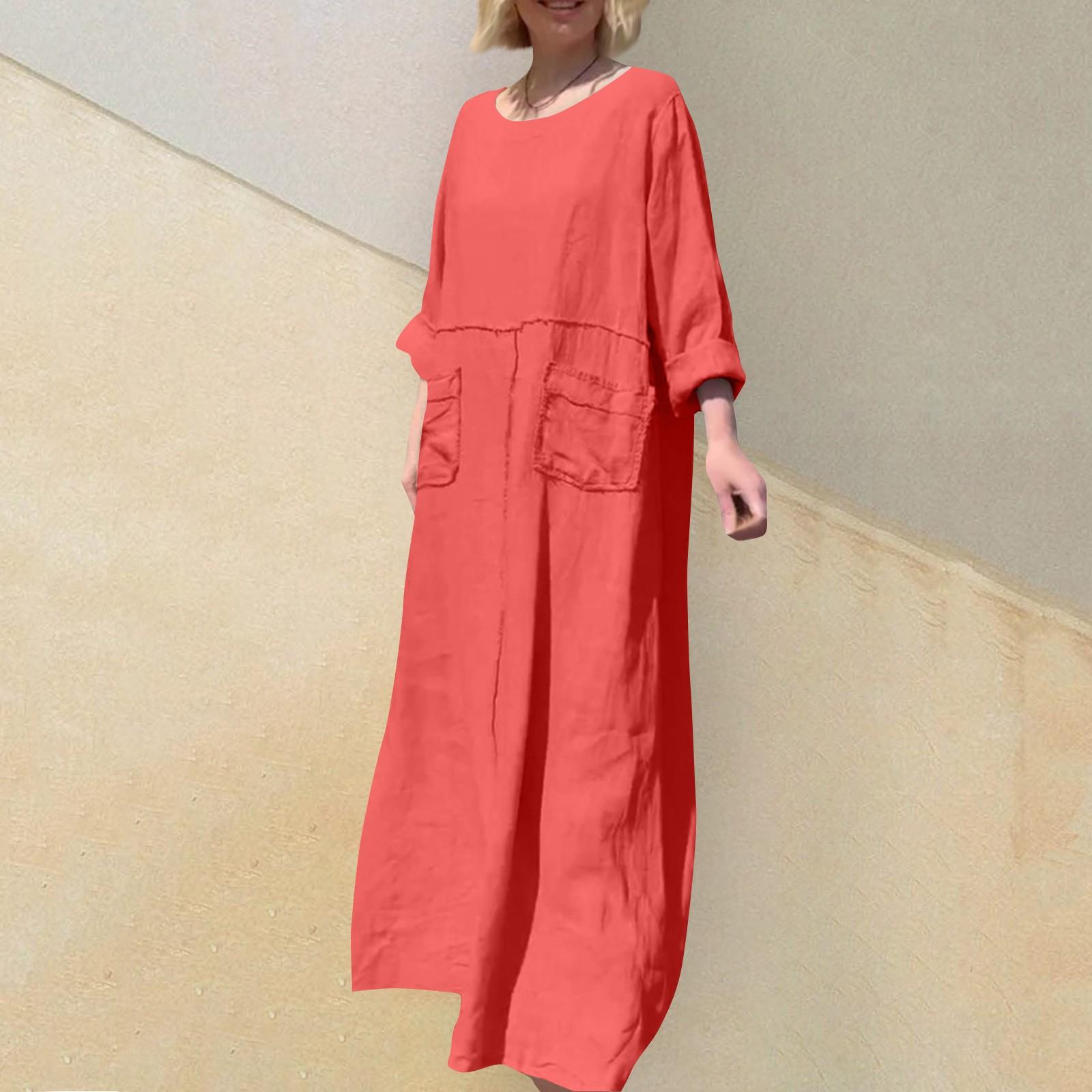 

Женское однотонное повседневное плиссированное двустороннее карманное платье из хлопка и льна с круглым вырезом и длинными рукавами XXL красный