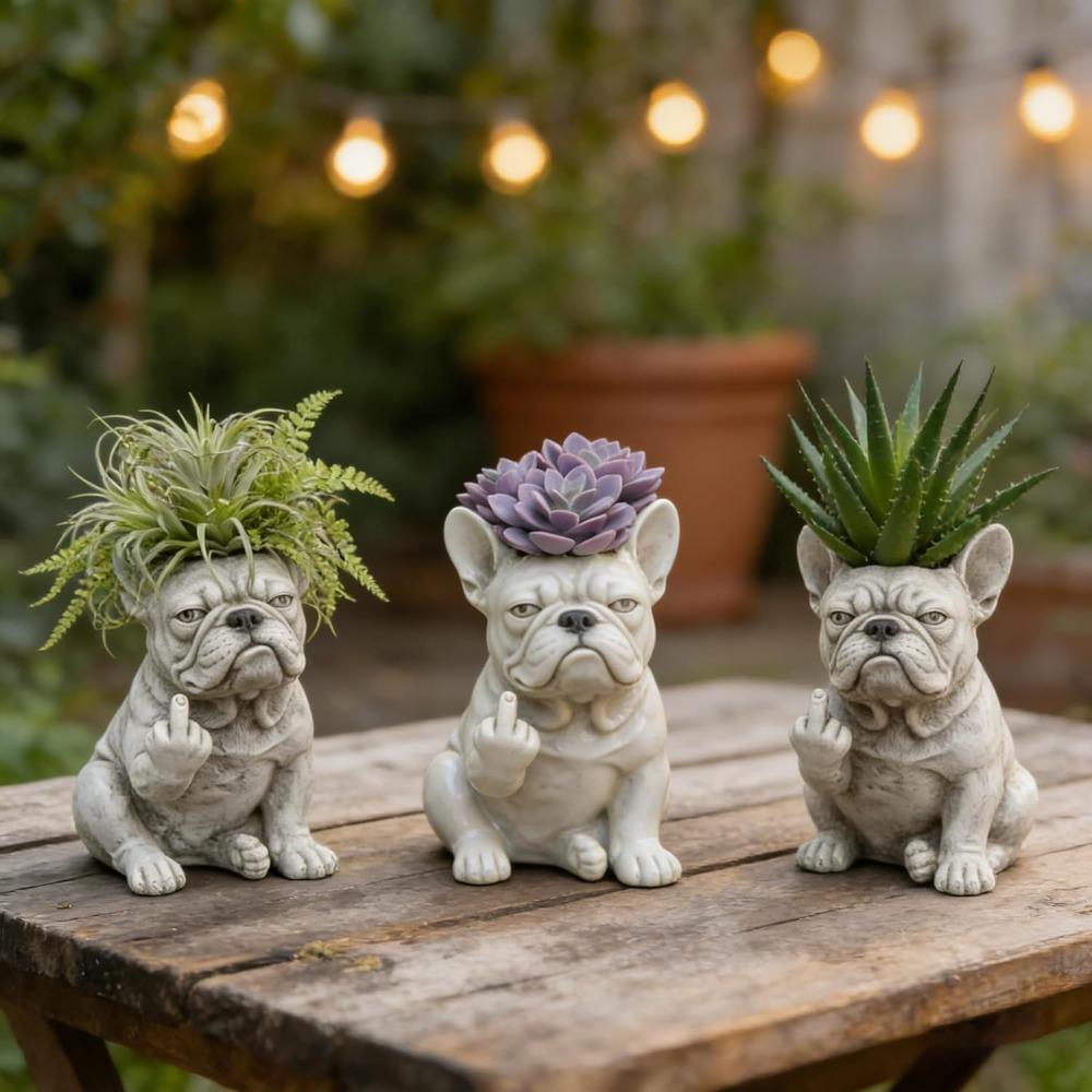Funny French Bulldog Planter Pot, Resin Dog Statue Succulent Planter, Middle Finger Gesture Decorative Sculpture for Home Garden Office Desk Decor,