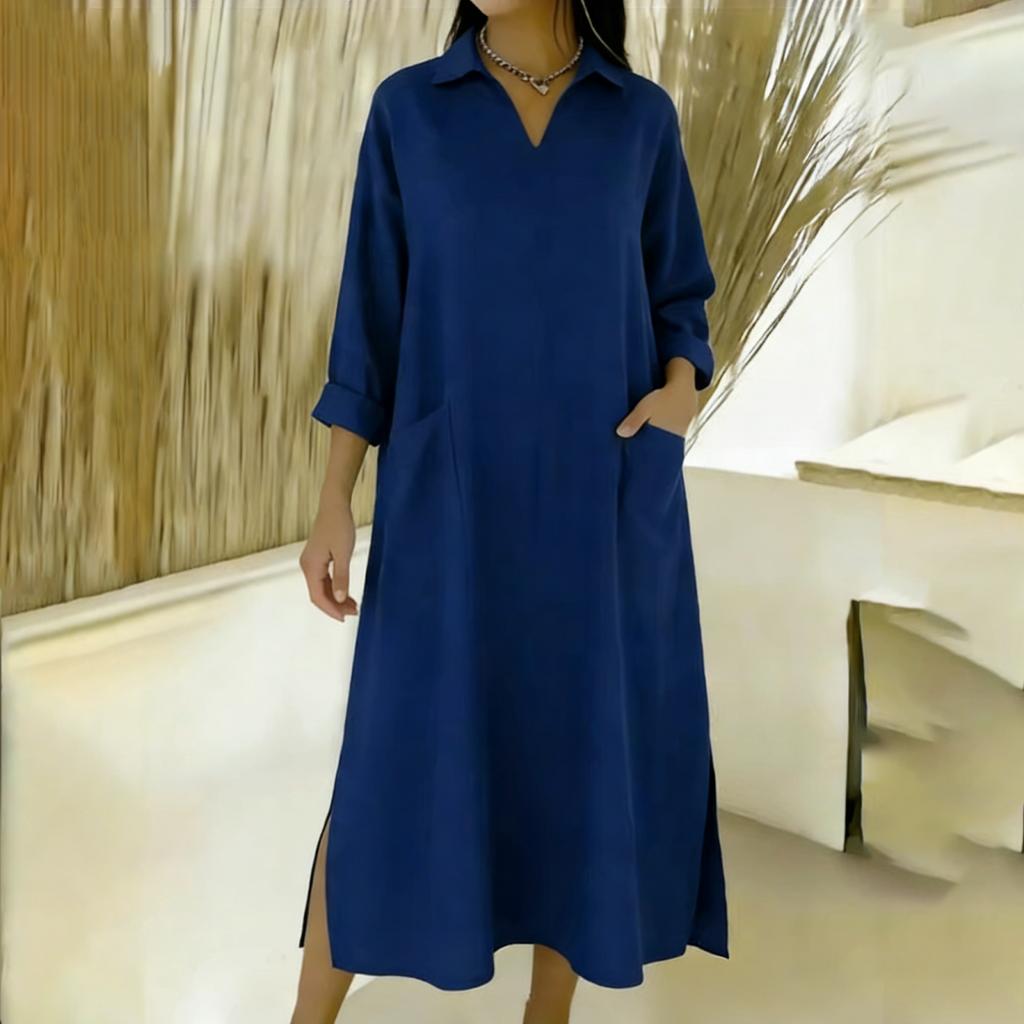 Women's -color Mid-length Loose-fitting Dress With Large Pockets And Casual