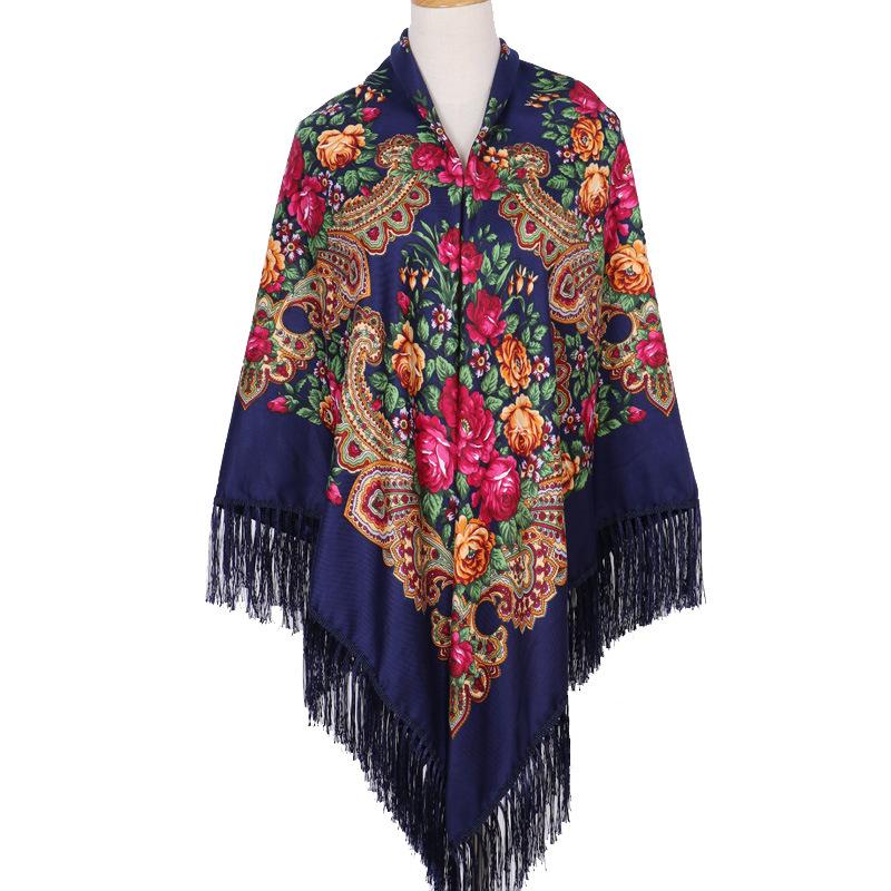 160*160Cm Women Russian Scarf Square Blanket Shawl Ladies Fringed National Scarves Shawls Retro Floral Pattern Headscarf Wraps