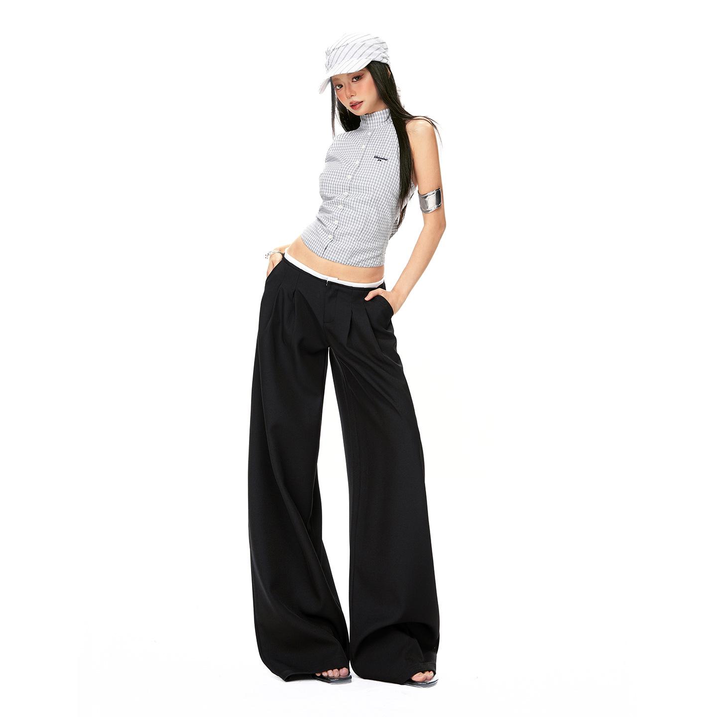 Women s Khaki Low Waist Straight Wide-Leg Pants - Spring 2026 Flattering Skinny Drape Style M