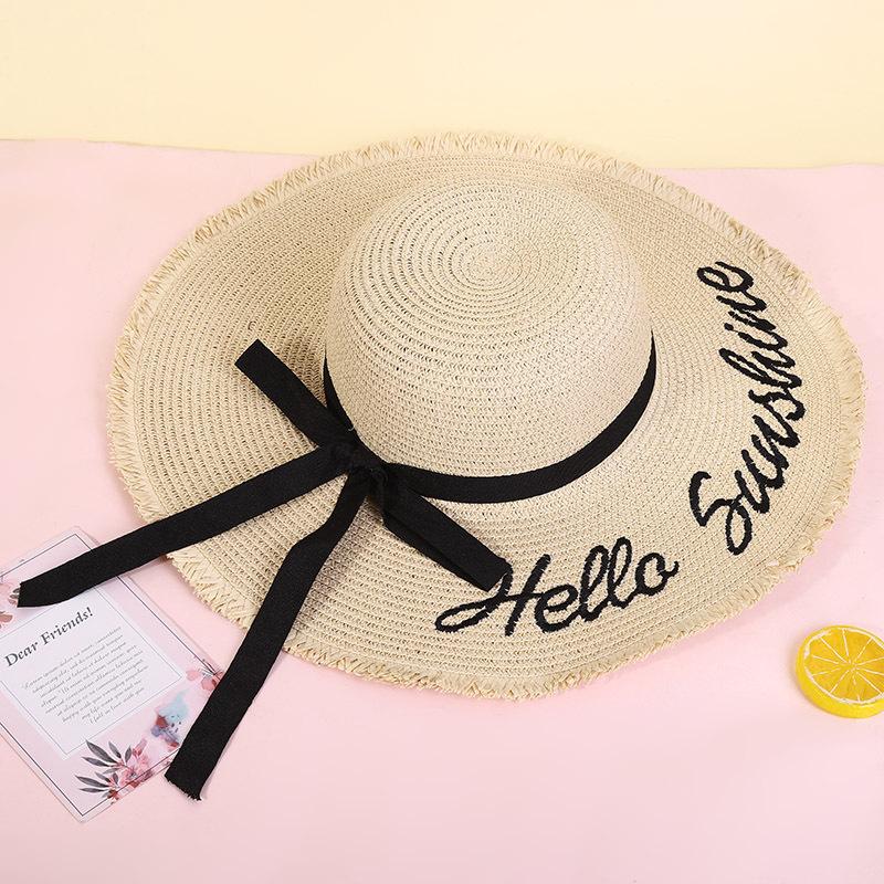 European and American Fashion Wide-brimmed Sun Hat Outdoor Vacation Streamer Letter Printed Straw Hat Sun Protection Hat
