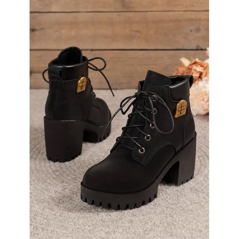 Women's Fashion thick heels faux suede ankle boots new lace up Western boots woman spring autumn pointy short Botas plus size 42