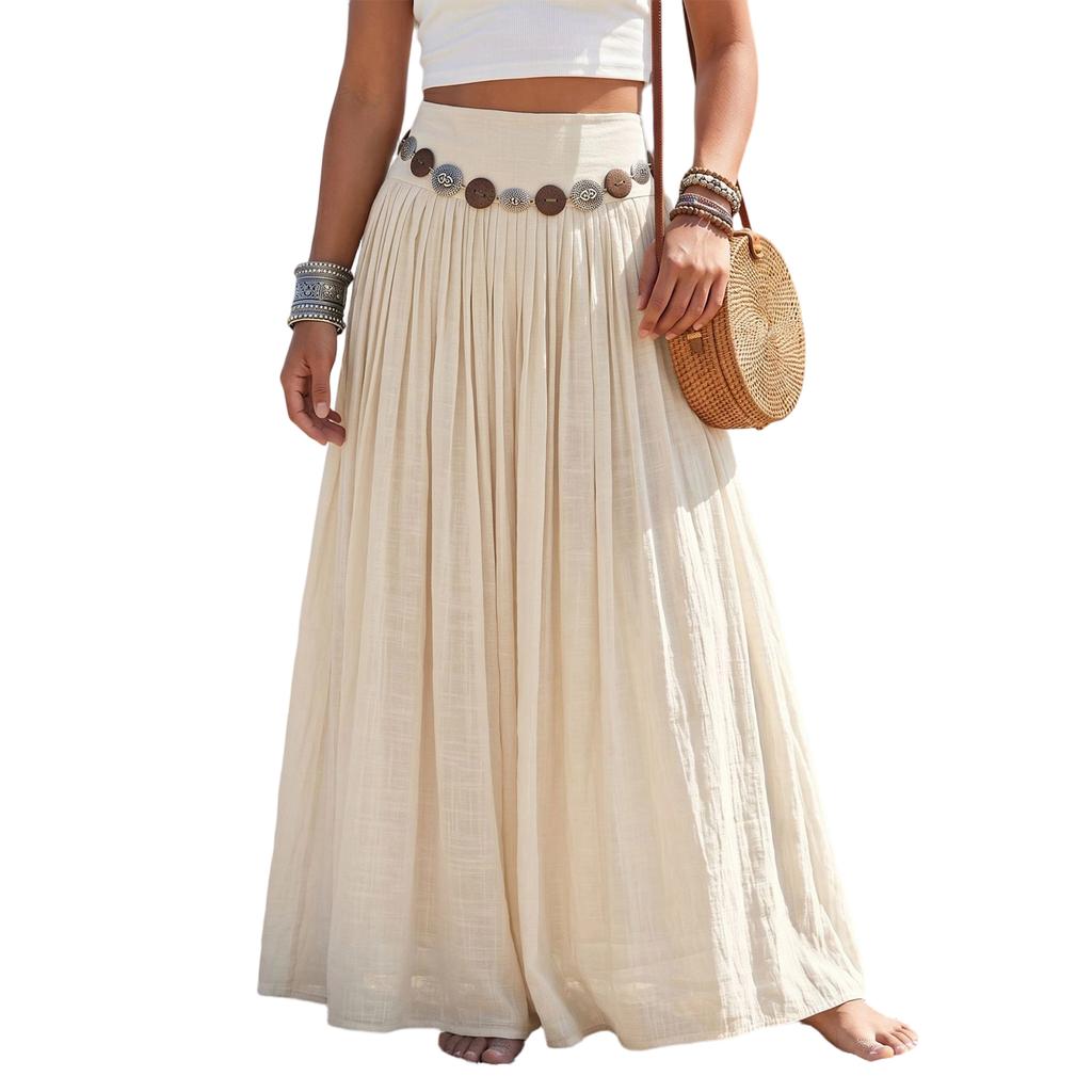 Women Elastic Waist Long Skirt Cotton Linen Blend Bohemian Style Maxi Skirt with Vintage Waist Chain for Casual Holiday Beachwear