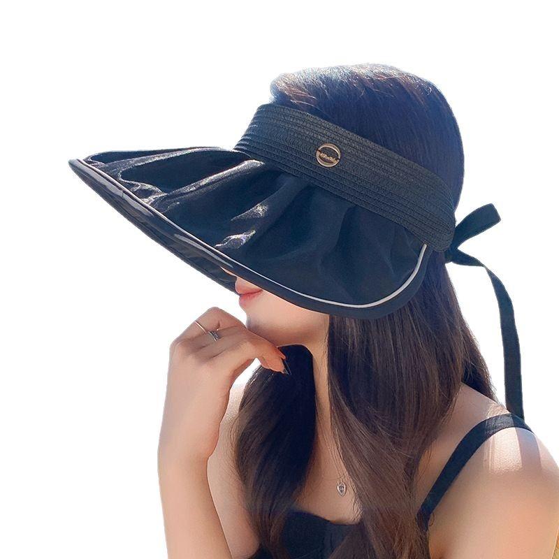 2025 New Big Brim Shell Visor Double-sided Straw Bucket Hat Summer Meal Ultraviolet Empty Top Hat