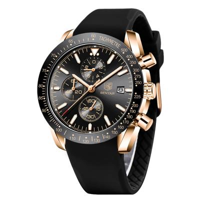 BY BENYAR Chronograph Analog 30M Water Leather Strap Quartz Black Gift for Men Men's Watch, Resistant, Simple, Stylish, Popular, Formal, Movement,
