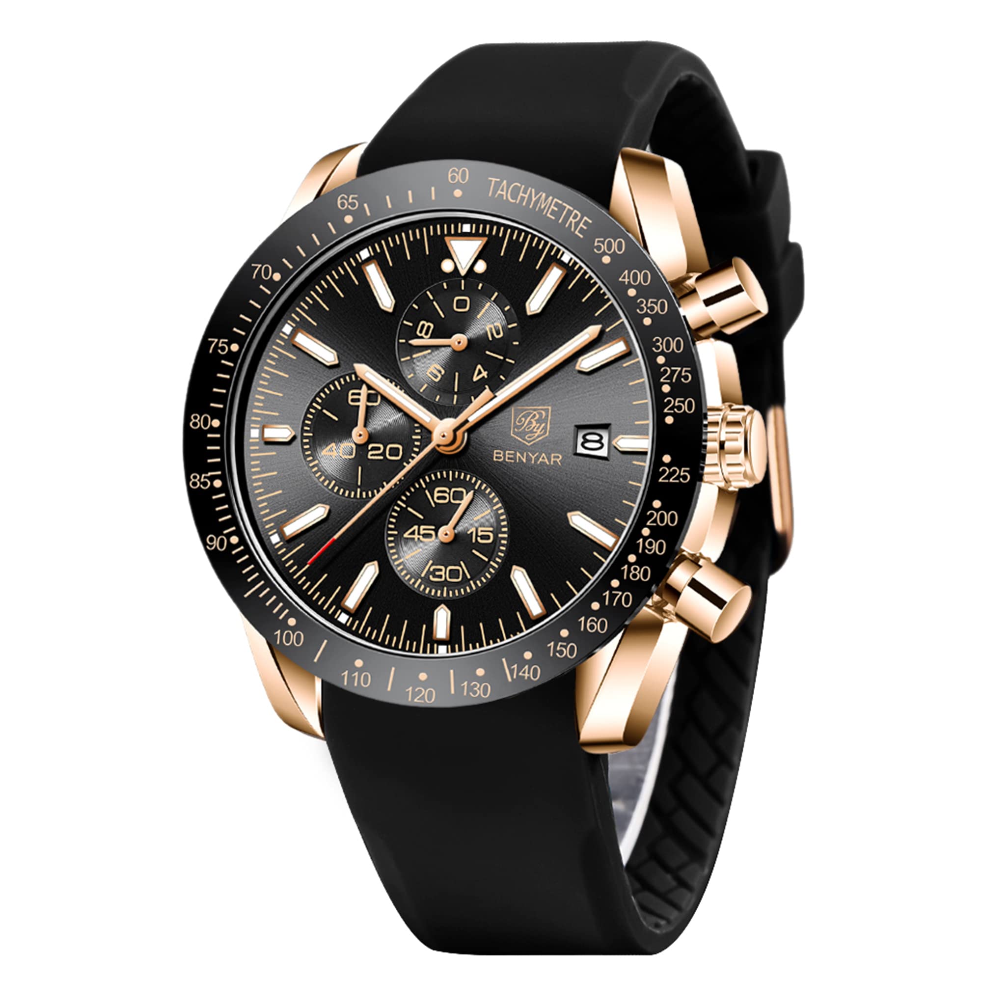 Benyar Men s Chronograph Watch 30M Water-Resistant Business Stylish Leather Band Quartz Black Gold