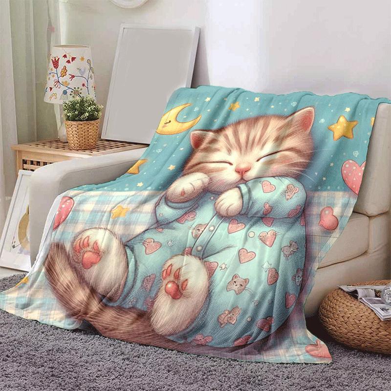 1pc Cartoon Cat Printing Lightweight Flannel Blanket, Comfortable and Warm Blanket, for Camping Sofa Bed and Couch Office, Gift