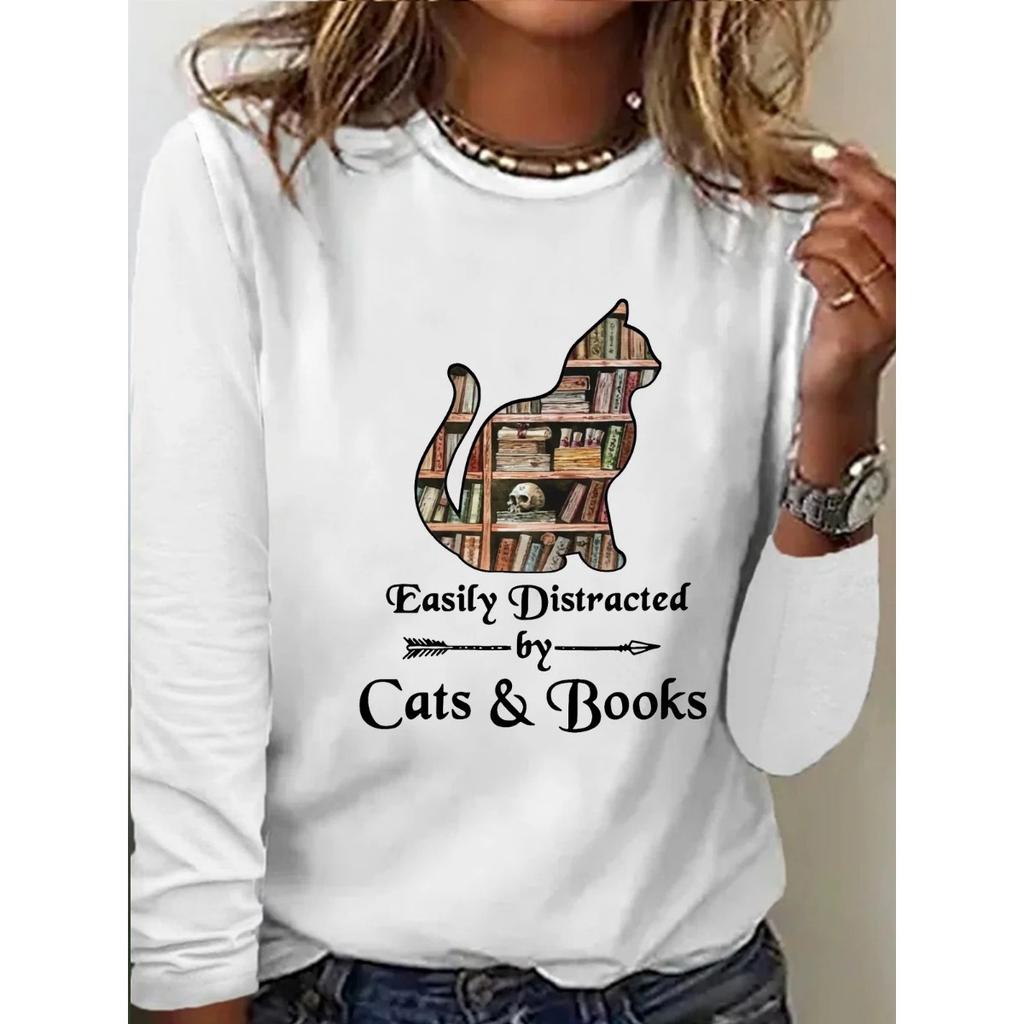 Fun Cat Print Top with Retro Artistic Style Round Neck Long Sleeved Women's T-shirts