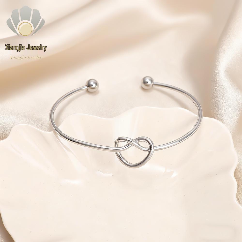 Cross-Border Love Knot Titanium Bangle - Versatile Peach Heart Open Bracelet, Vacuum-Plated Stainless Steel Jewelry