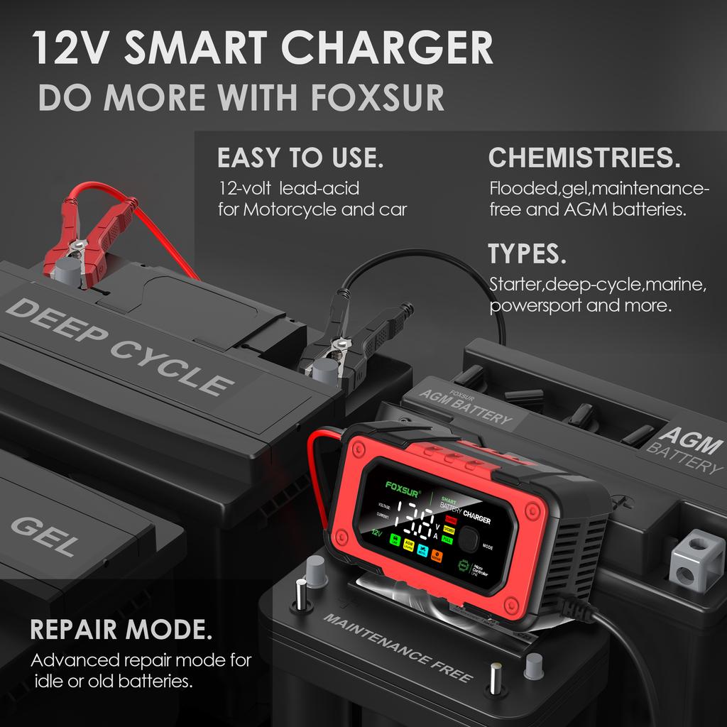 Smart Car Battery Charger for 12V 7A AGM GEL LiFePO4 Batteries Desulfator, Motocycle Fast Charging Maintainer with Repair