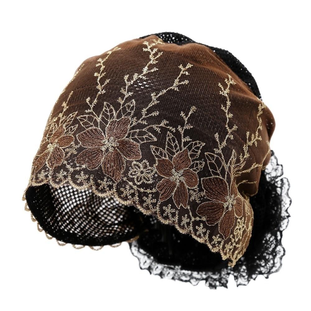 

Breathable Elastic Curly Hair Hat Soft Mesh Lace Pullover Cap Elderly Beauty Cap All-match кавовий
