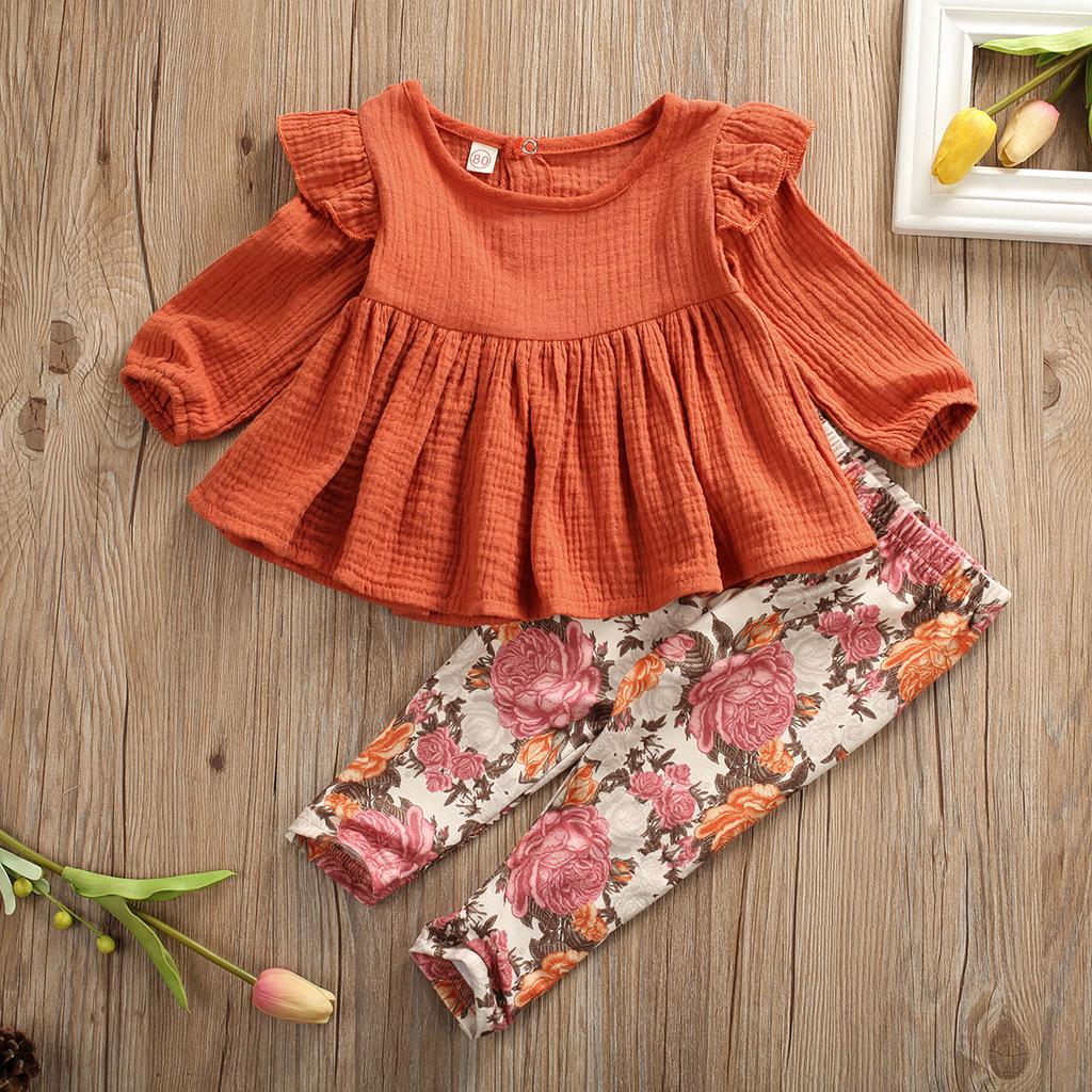 Newborn Kid Baby Girl Flower Print Clothes Top T Shirt Pants Tracksuit Outfit US Long Sleeve Cotton Linen Autumn Winter Solid
