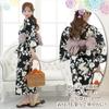 Yukata 3 Piece Set Color Contrast Dignified Summer Camellia Japanese Style Kushyu Fluffy Heiko Obi Thong Geta Set Black One Size Fits Most [RAVIR]