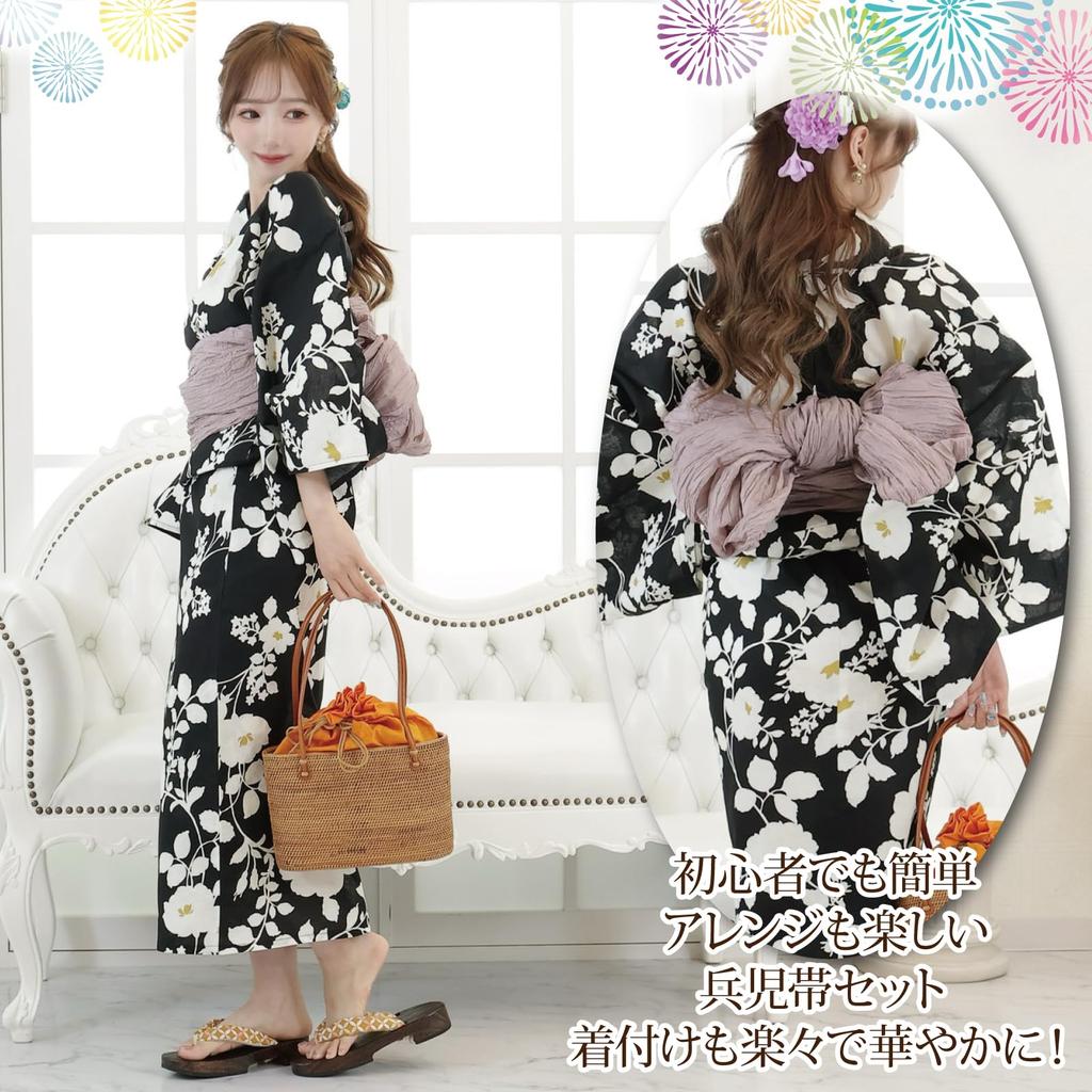 Yukata 3 Piece Set Color Contrast Dignified Summer Camellia Japanese Style Kushyu Fluffy Heiko Obi Thong Geta Set Black One Size Fits Most [RAVIR]