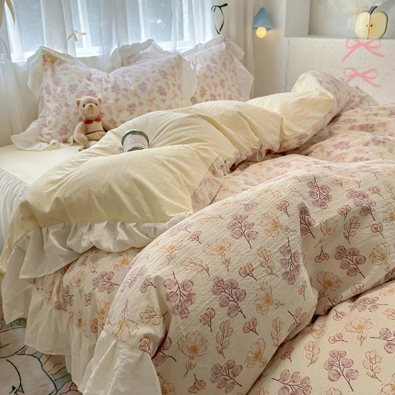 1.5/1.8 Korean Style 100% Cotton Fitted Sheet Sets with Lace Flower Print Bedding Set for Seasons Home Bedclothes for Adult Kids