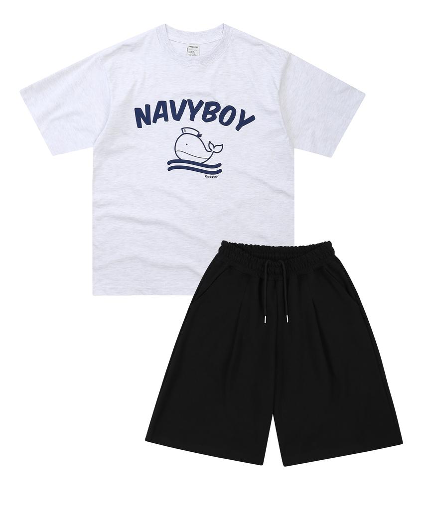 PAPERBOY [Set] Navy Boy Short Sleeve Half Pants Set-White Melange