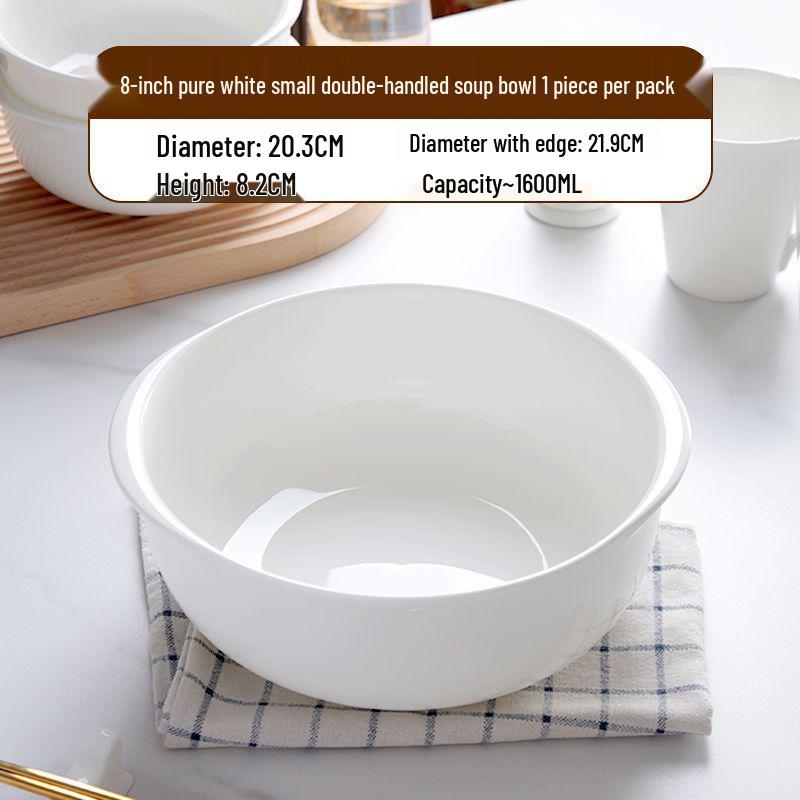 High-Quality White Bone China Double Ear Noodle Bowl – Stylish, High-Temperature Resistant, Deep Plate for Young People