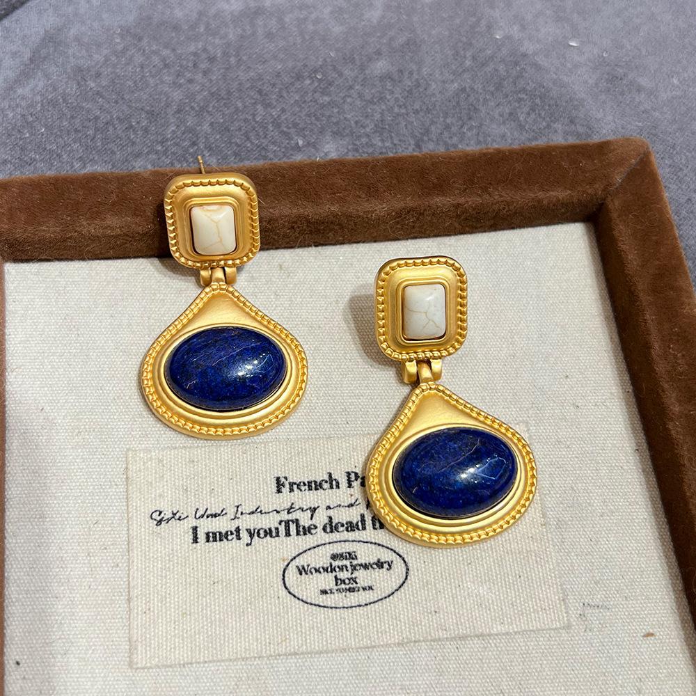 Electroplated Dumb Gold Retro Earrings Premium Sense French Natural Lapis Lazuli Water Drop Earrings